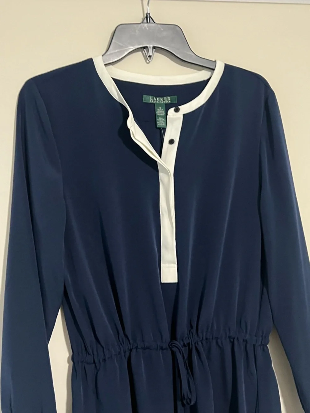 Ralph Lauren Navy Long-Sleeve Shirt Dress with Drawstring Waist and White Trim - Picture 3 of 9